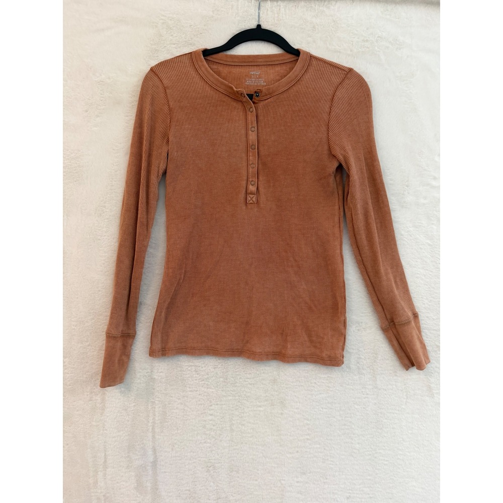Aerie Henley Top Womens Small Orange Waffle Knit Long Sleeve Thermal Shirt